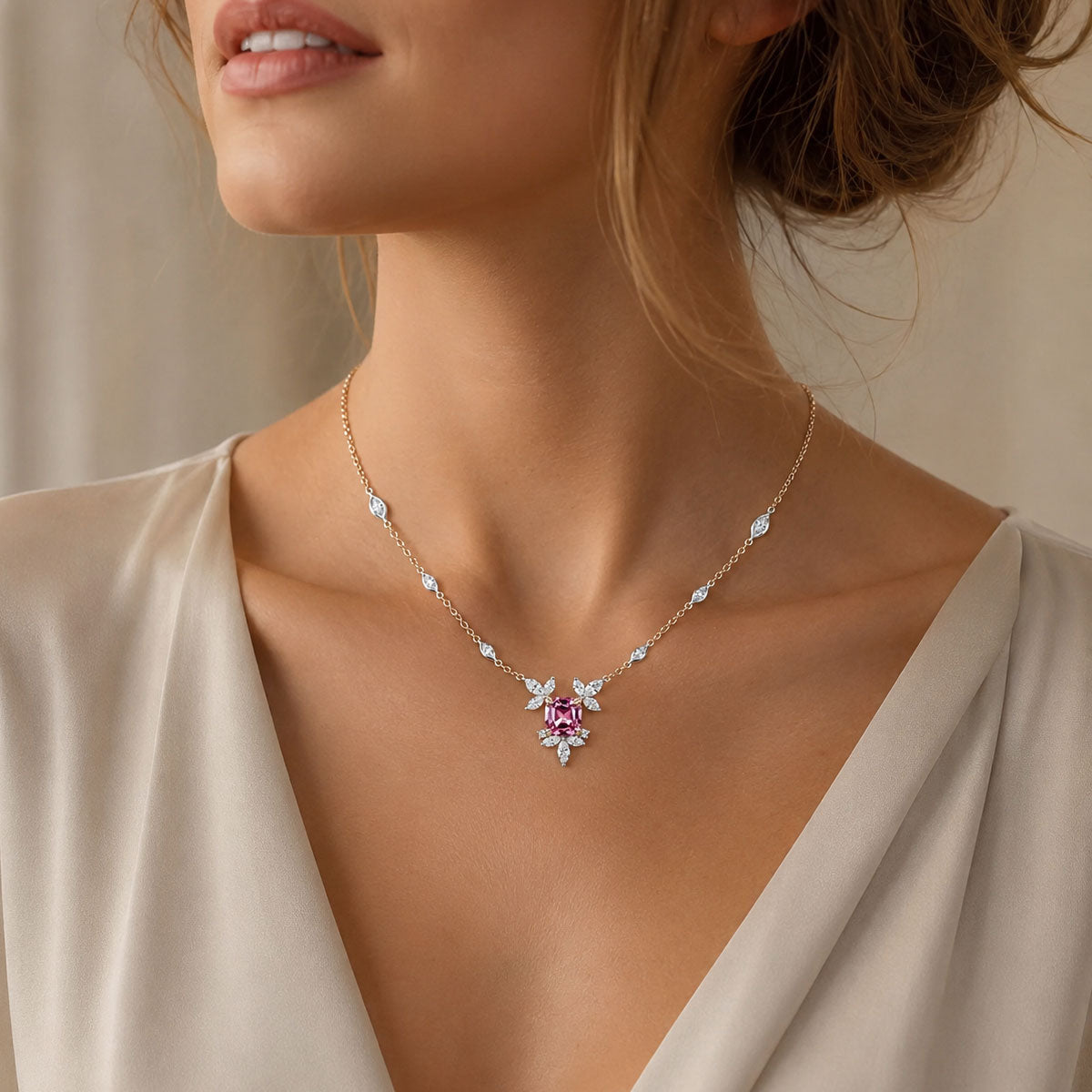 18ct Rose & White Gold Malayan Garnet Marquise Diamond Flower Necklace With Marquise Cut Diamond Set Chain