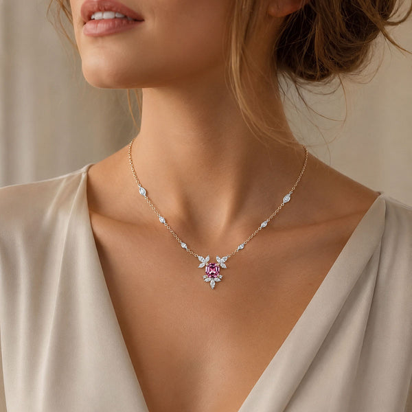 18ct Rose & White Gold Malayan Garnet Marquise Diamond Flower Necklace With Marquise Cut Diamond Set Chain