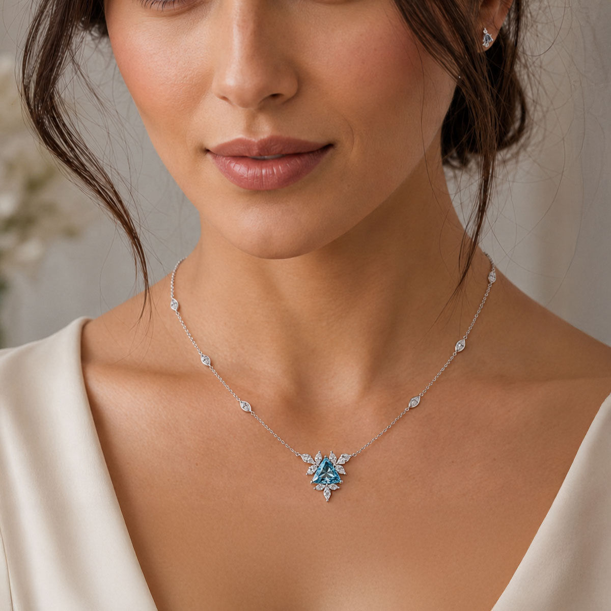 Berry's 18ct White Gold Aquamarine & Diamond Flower Necklace With Diamond Set Chain - Berry's Jewellers