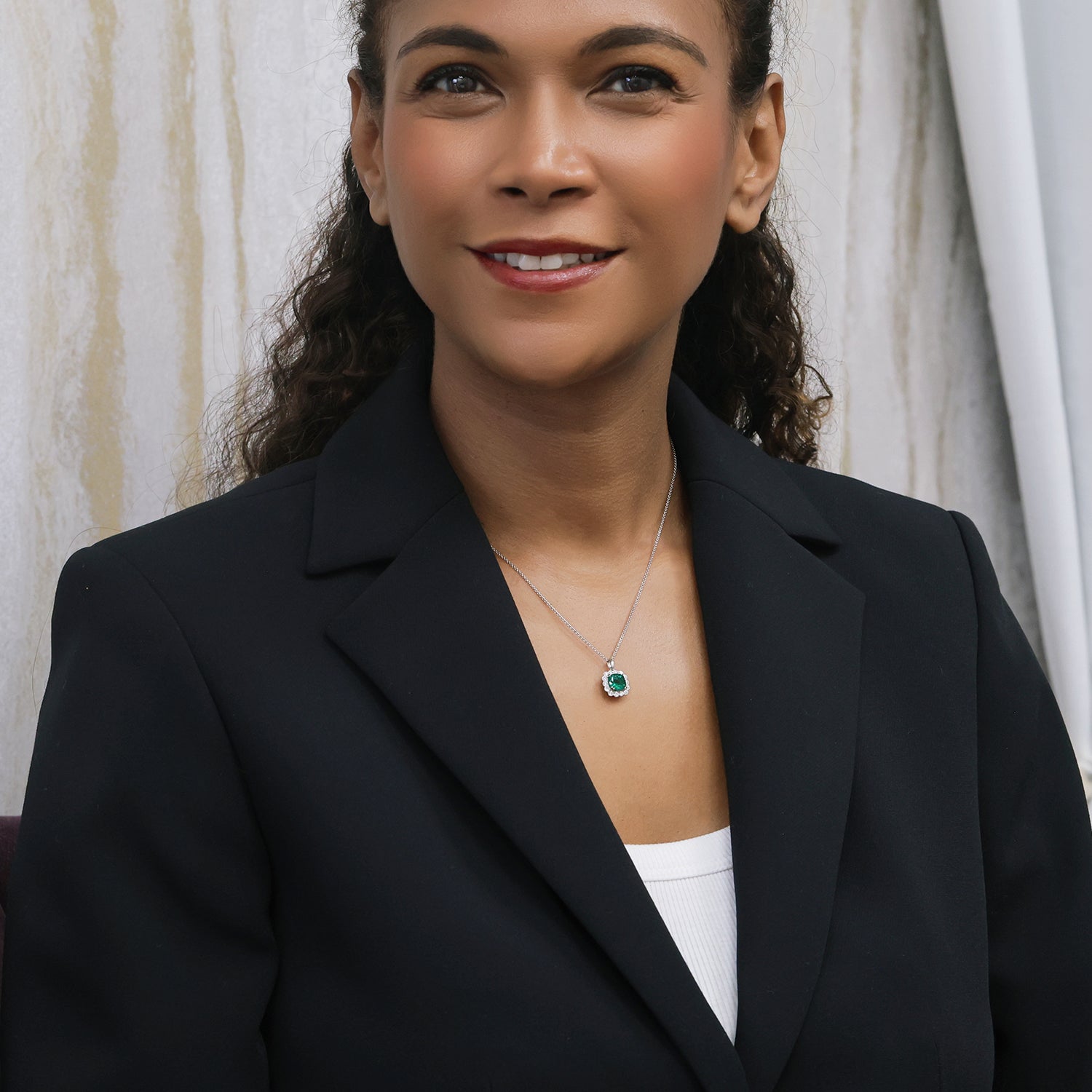 Berry's 18ct White Gold Cushion Shape Emerald & Diamond Cluster Pendant - Berry's Jewellers