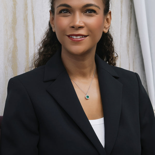 Berry's 18ct White Gold Cushion Shape Emerald & Diamond Cluster Pendant - Berry's Jewellers