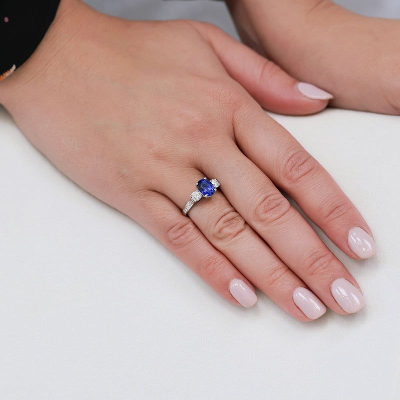 Berry's Platinum Oval Sapphire & Diamond Three Stone Ring With Channel Set Diamond Shoulders - Berry's Jewellers