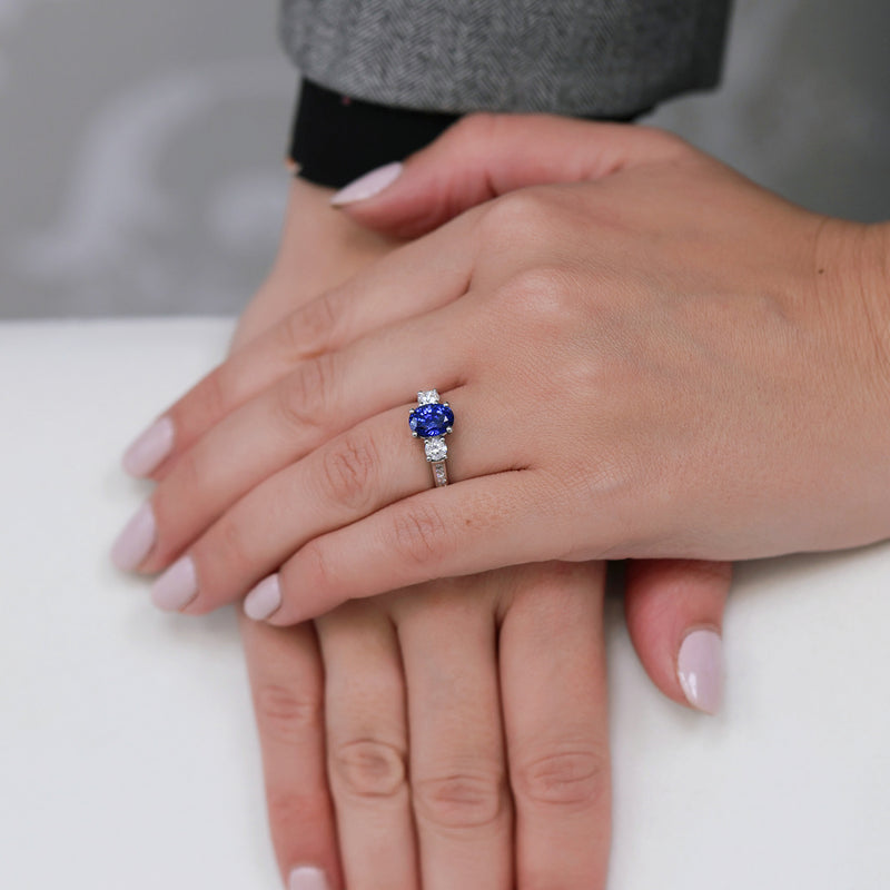 Berry's Platinum Oval Sapphire & Diamond Three Stone Ring With Channel Set Diamond Shoulders - Berry's Jewellers