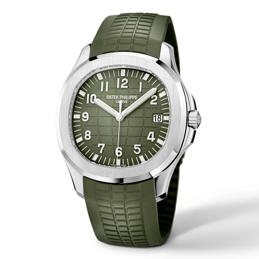 Patek Philippe Aquanaut 42.2mm 18ct White Gold Green Dial Mens Rubber Strap Watch - Berry's Jewellers