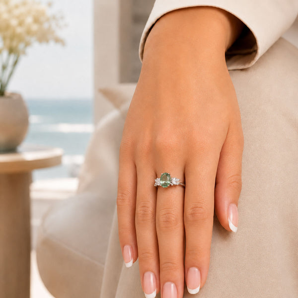 18ct White Gold Oval Green Tourmaline & Marquise Cut Diamond Cluster Ring