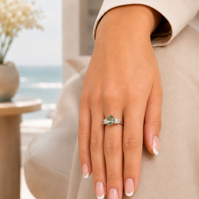 18ct White Gold Oval Green Tourmaline & Marquise Cut Diamond Cluster Ring.