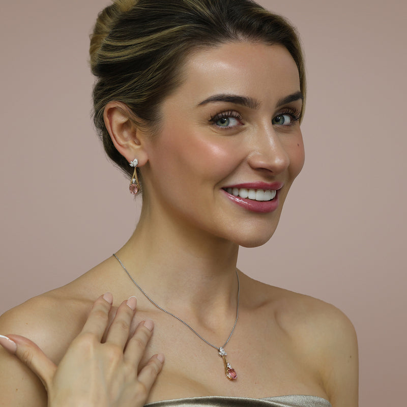 18ct Rose & White Gold Oval Cut Pink Tourmaline & Marquise Cut Diamond Drop Earrings