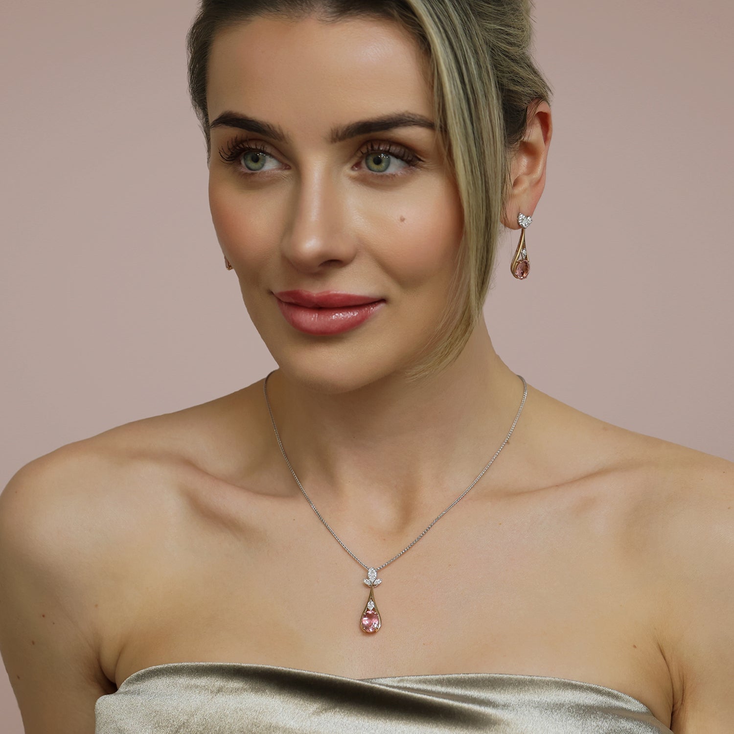 18ct Rose & White Gold Oval Cut Pink Tourmaline & Marquise Cut Diamond Pendant