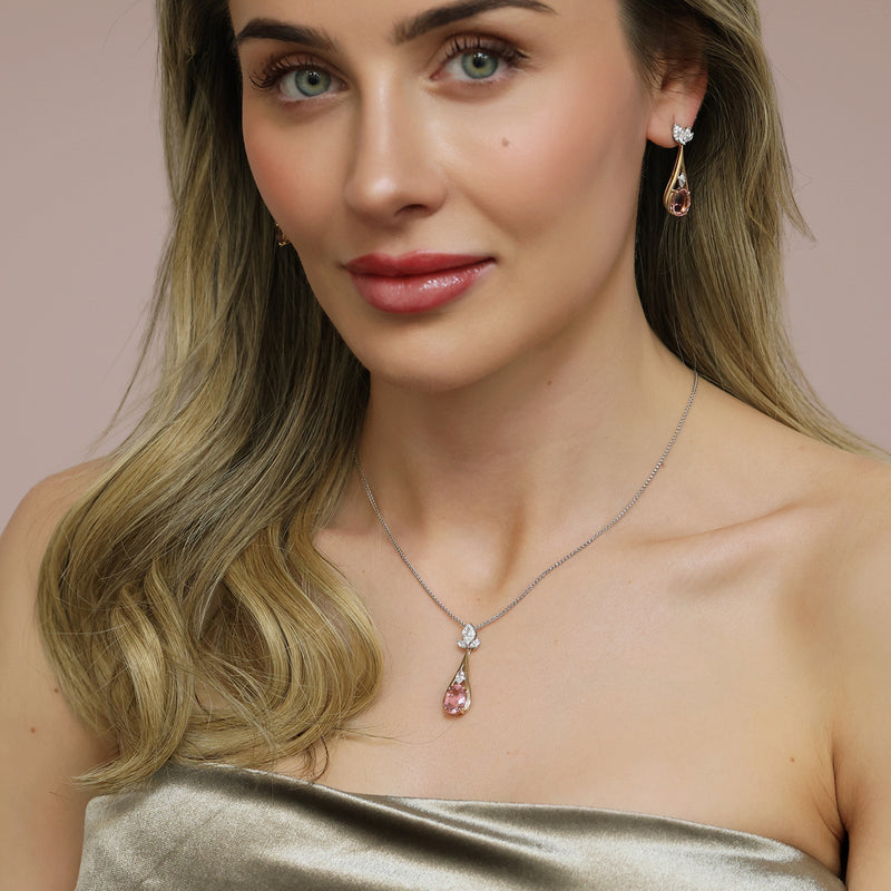 18ct Rose & White Gold Oval Cut Pink Tourmaline & Marquise Cut Diamond Drop Earrings