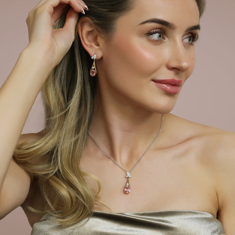18ct Rose & White Gold Oval Cut Pink Tourmaline & Marquise Cut Diamond Drop Earrings