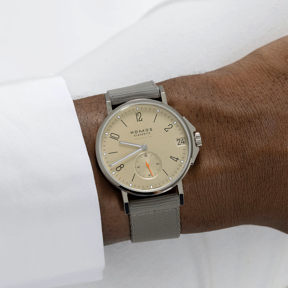 NOMOS Glashütte Ahoi Neomatik 38 Date Sand Dial Automatic Strap Watch - Berry's Jewellers
