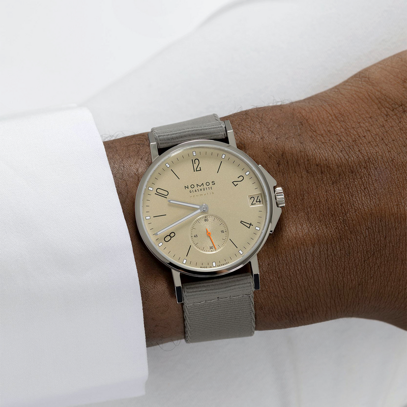 NOMOS Glashütte Ahoi Neomatik 38 Date Sand Dial Automatic Strap Watch - Berry's Jewellers