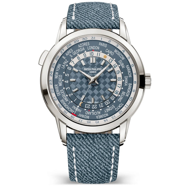 Patek Philippe Complications World Time Date 40mm Blue Dial Denim Strap Watch - Berry's Jewellers