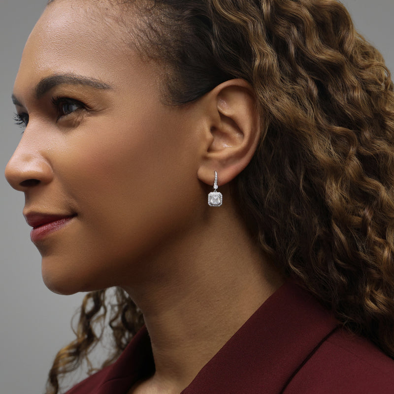 18ct White Gold Asscher Cut And Round Brilliant Diamond Halo Cluster Drop Earrings