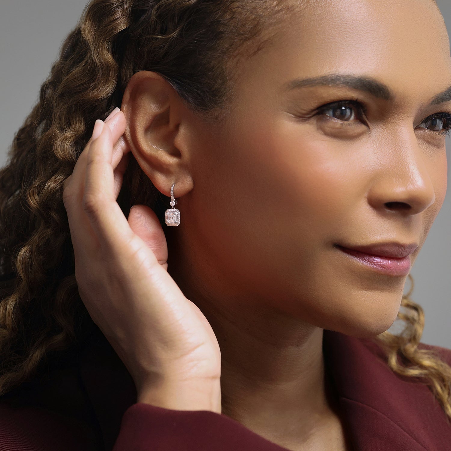 18ct White Gold Asscher Cut And Round Brilliant Diamond Halo Cluster Drop Earrings