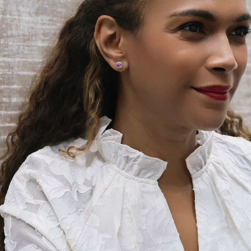 Berry's 18ct White Gold Cushion Pink Sapphire And Diamond Halo Cluster Stud Earrings - Berry's Jewellers