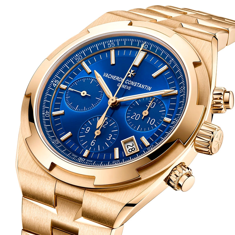 Vacheron Constantin Overseas Chronograph 18ct Pink Gold Blue Dial Mens Bracelet Watch - Berry's Jewellers