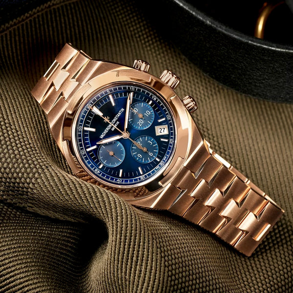 Vacheron Constantin Overseas Chronograph 18ct Pink Gold Blue Dial Mens Bracelet Watch - Berry's Jewellers