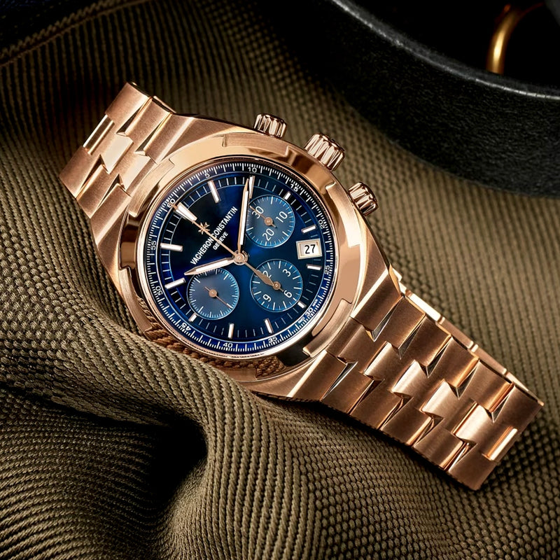 Vacheron Constantin Overseas Chronograph 18ct Pink Gold Blue Dial Mens Bracelet Watch - Berry's Jewellers