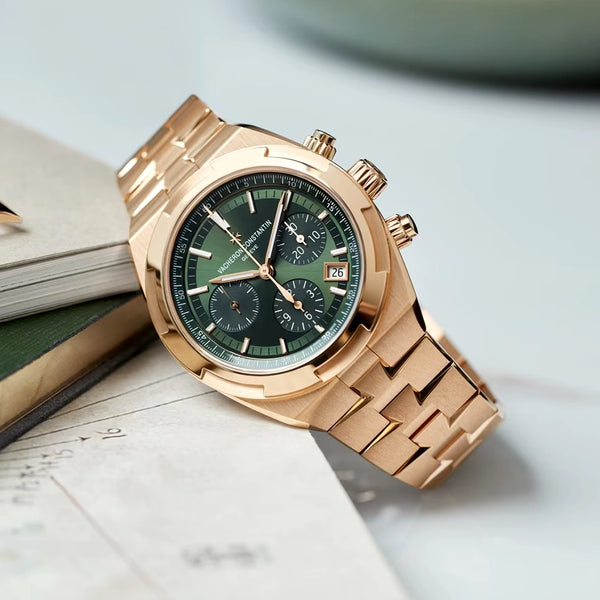 Vacheron Constantin Overseas Chronograph 18ct Pink Gold Green Dial Automatic Bracelet Watch - Berry's Jewellers