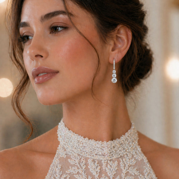 Berry's 18ct White Gold Round Brilliant Cut GIA Certificated Diamond Three Stone Drop Earrings With Pave Diamond Hook Fittings - Berry's Jewellers