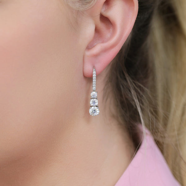 Berry's 18ct White Gold Round Brilliant Cut GIA Certificated Diamond Three Stone Drop Earrings With Pave Diamond Hook Fittings - Berry's Jewellers