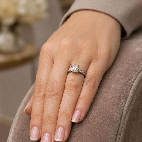 Platinum Princess Cut Diamond Solitaire Ring With Diamond Set Shoulders