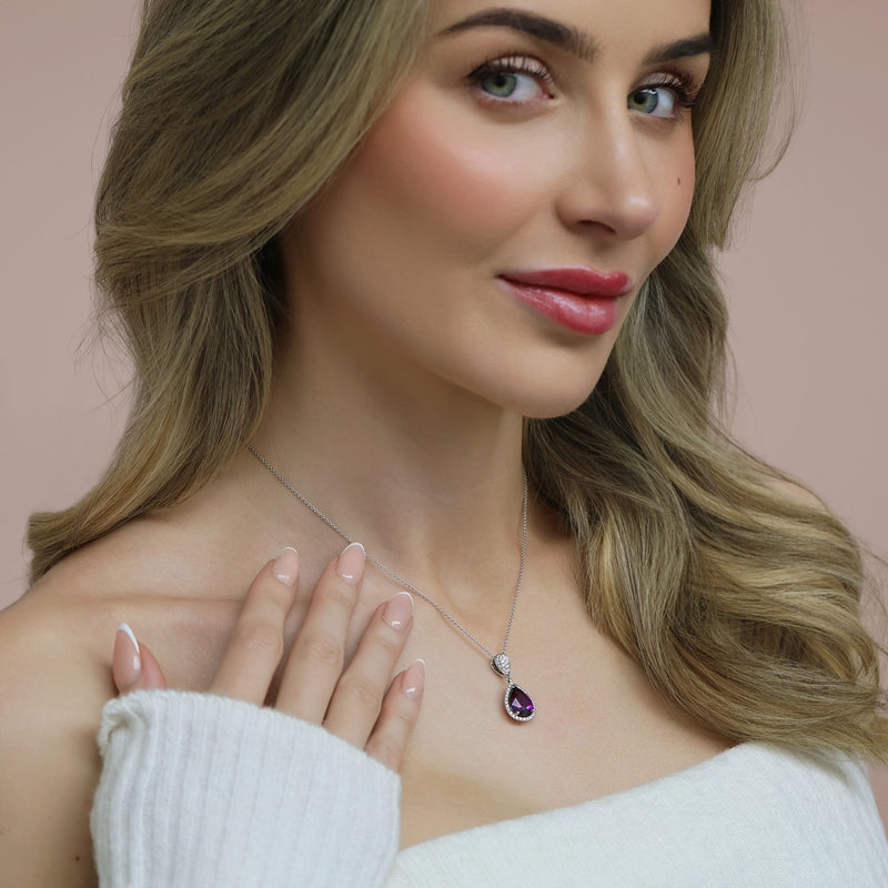 18ct White Gold Pear Shape Rhodolite Garnet Diamond Halo Pendant