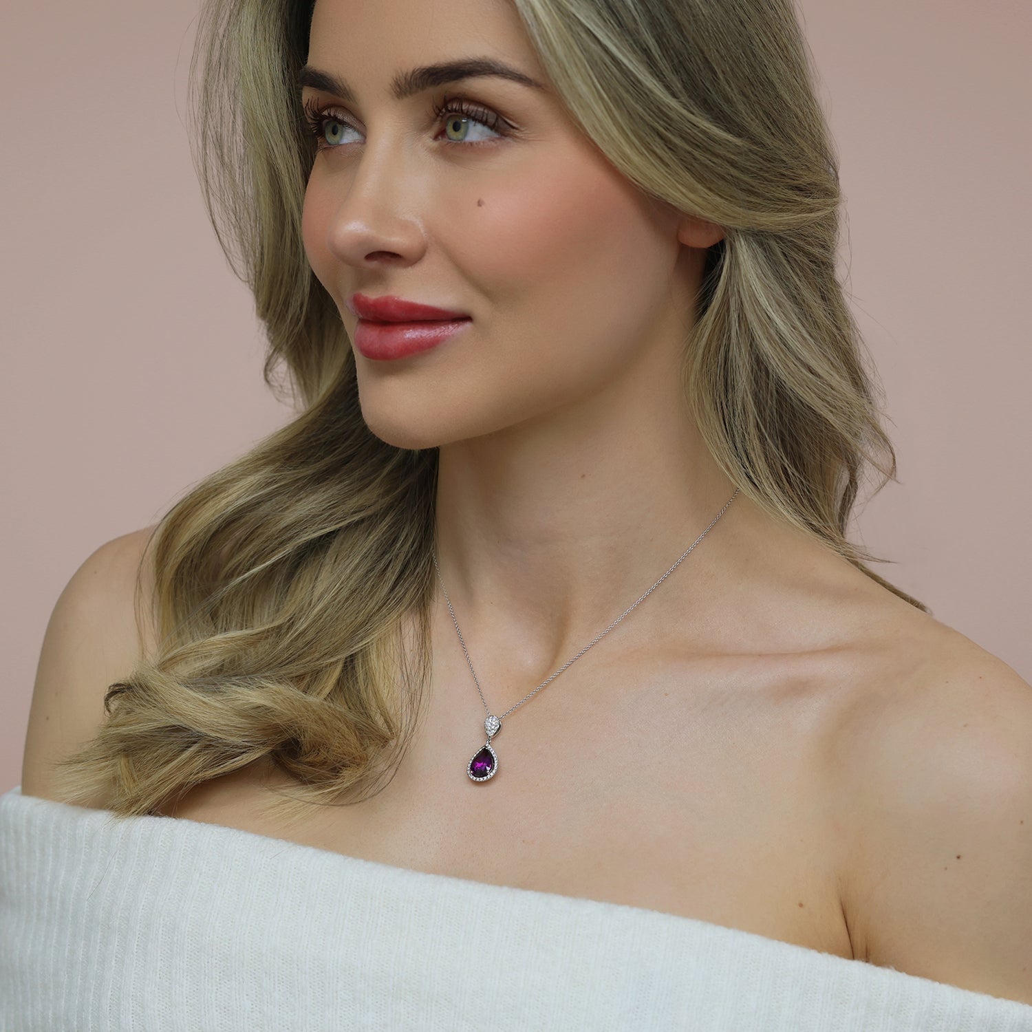 18ct White Gold Pear Shape Rhodolite Garnet Diamond Halo Pendant