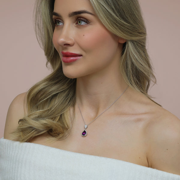 18ct White Gold Pear Shape Rhodolite Garnet Diamond Halo Pendant