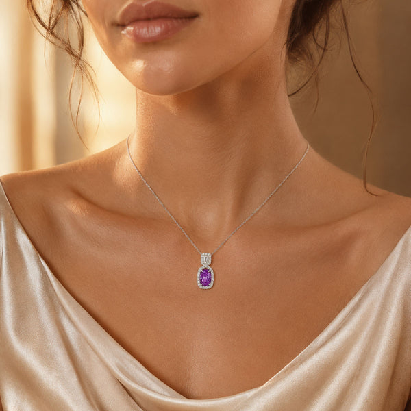 Berry's 18ct White Gold Pink Oval Sapphire Pendant With Diamond Halo & Cluster Loop - Berry's Jewellers
