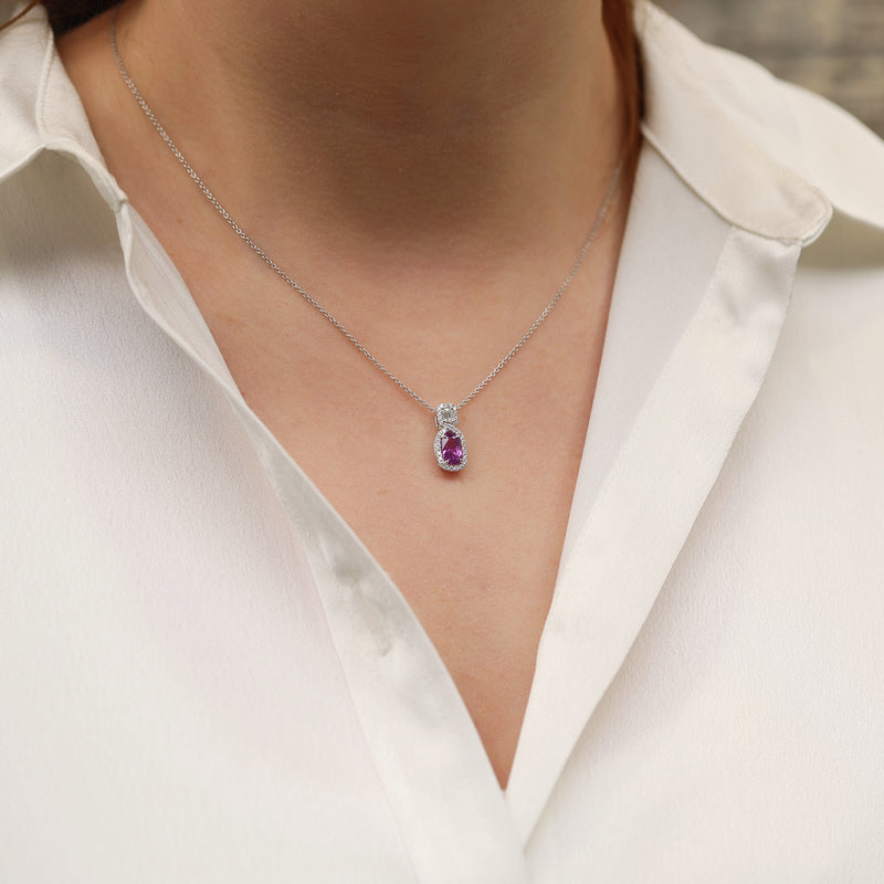 18ct White Gold Pink Oval Sapphire Pendant With Diamond Halo & Cluster Loop