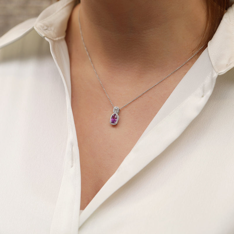 18ct White Gold Pink Oval Sapphire Pendant With Diamond Halo & Cluster Loop