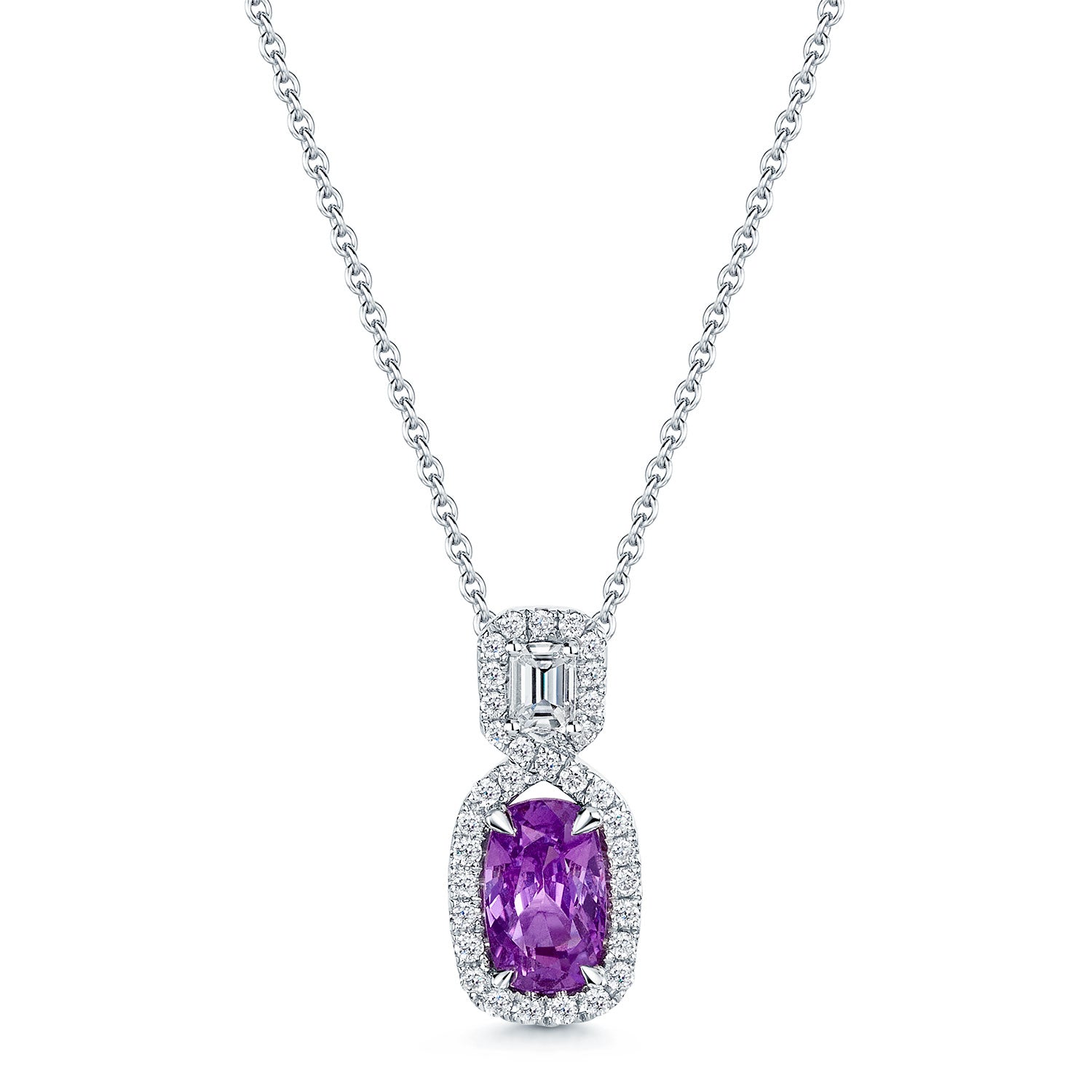 Berry's 18ct White Gold Pink Oval Sapphire Pendant With Diamond Halo & Cluster Loop - Berry's Jewellers