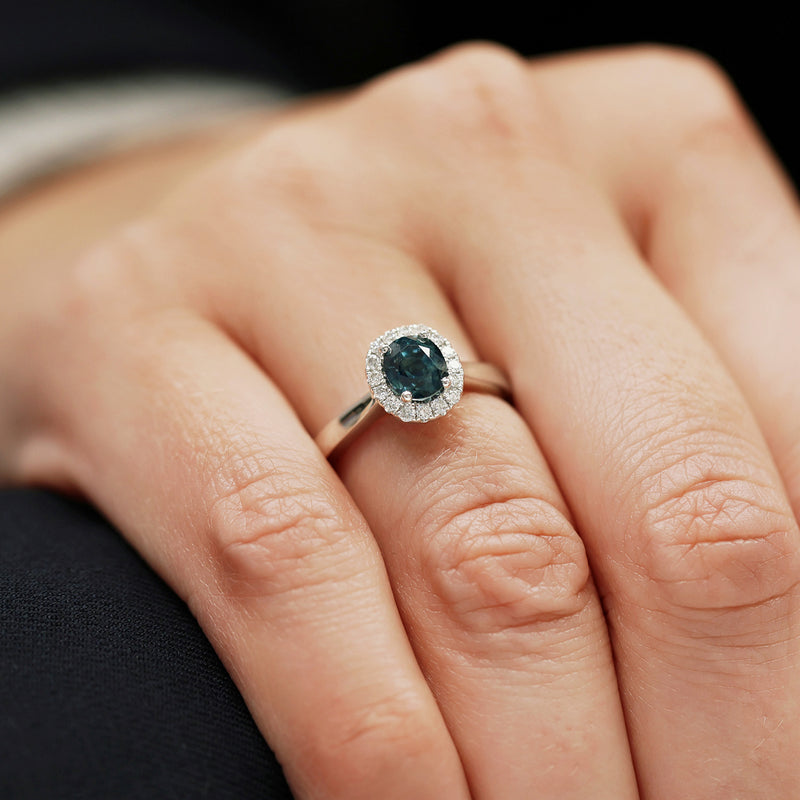 Berry's Platinum Oval Blue-Green Sapphire Diamond Halo Set Ring - Berry's Jewellers