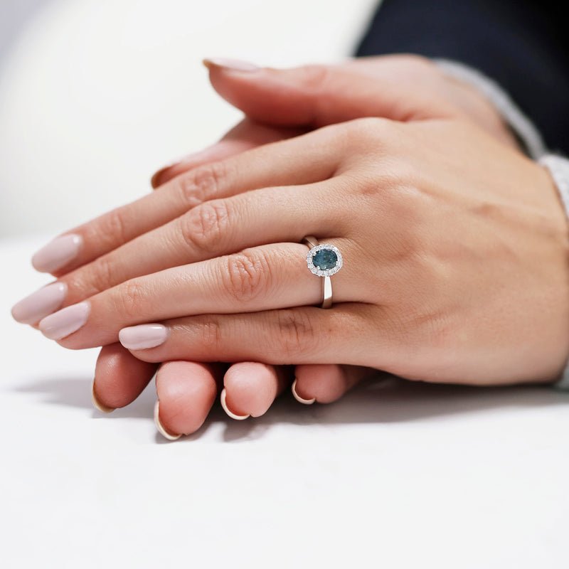 Berry's Platinum Oval Blue-Green Sapphire Diamond Halo Set Ring - Berry's Jewellers