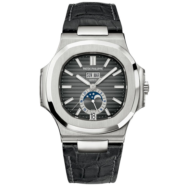 Patek Philippe Nautilus Annual Calendar Moonphase Steel Black Dial Strap Watch - Berry's Jewellers