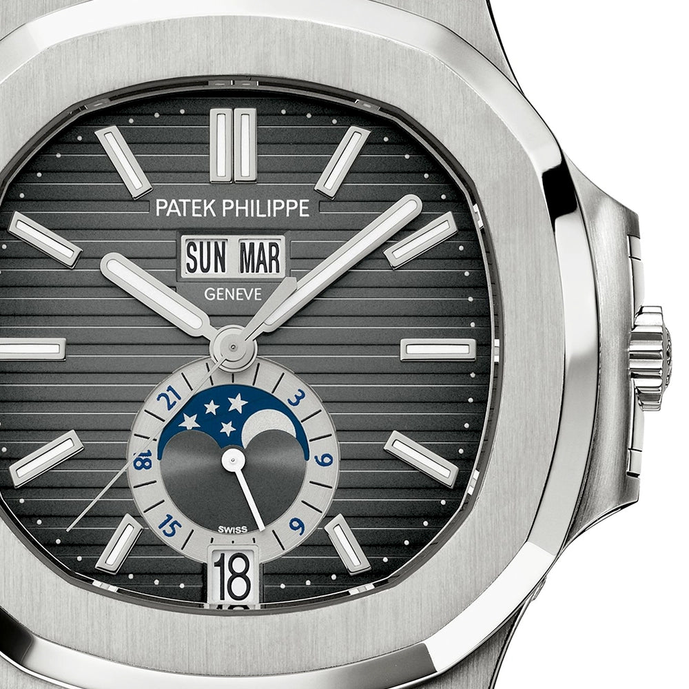 Patek Philippe Nautilus Annual Calendar Moonphase Steel Black Dial Strap Watch - Berry's Jewellers