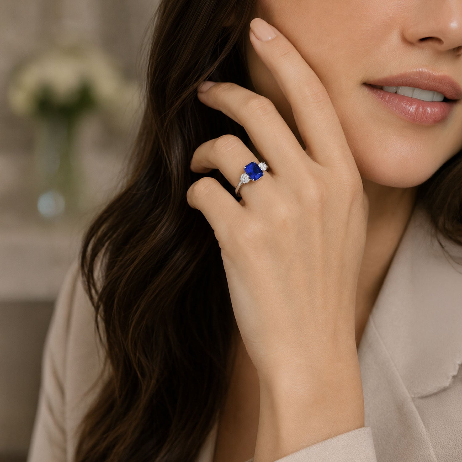 Platinum Rectangular Step Cut Sapphire &  GIA Brilliant Cut Diamond Three Stone Ring