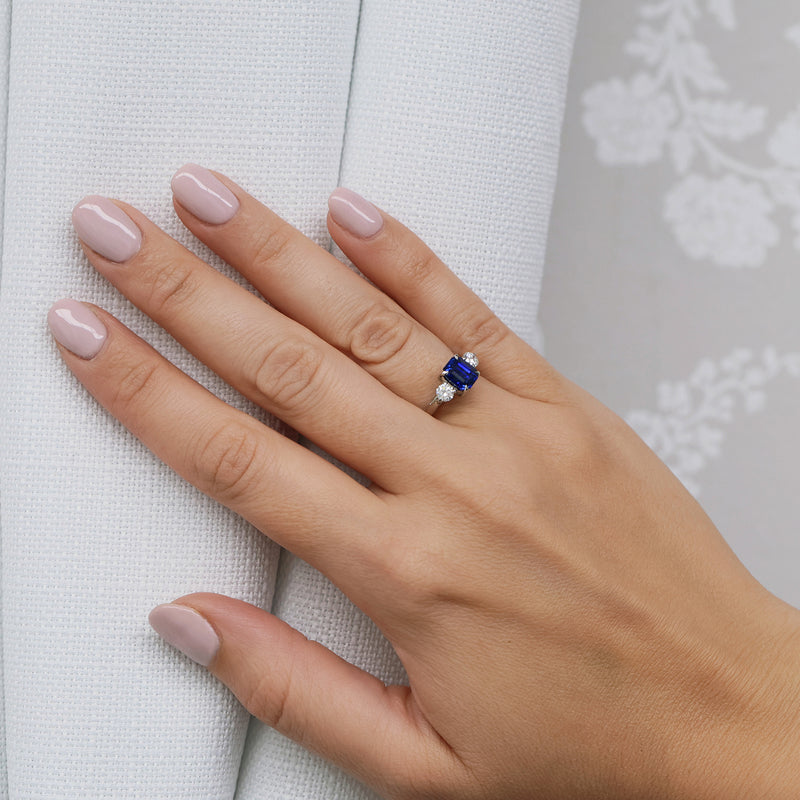 Berry's Platinum Rectangular Step Cut Sapphire & Round Brilliant Cut Diamond Three Stone Ring - Berry's Jewellers