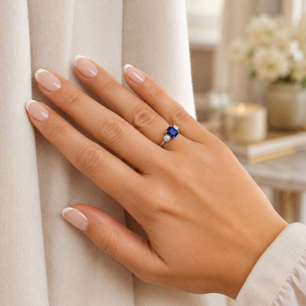 Platinum Rectangular Step Cut Sapphire & Round Brilliant Cut Diamond Three Stone Ring