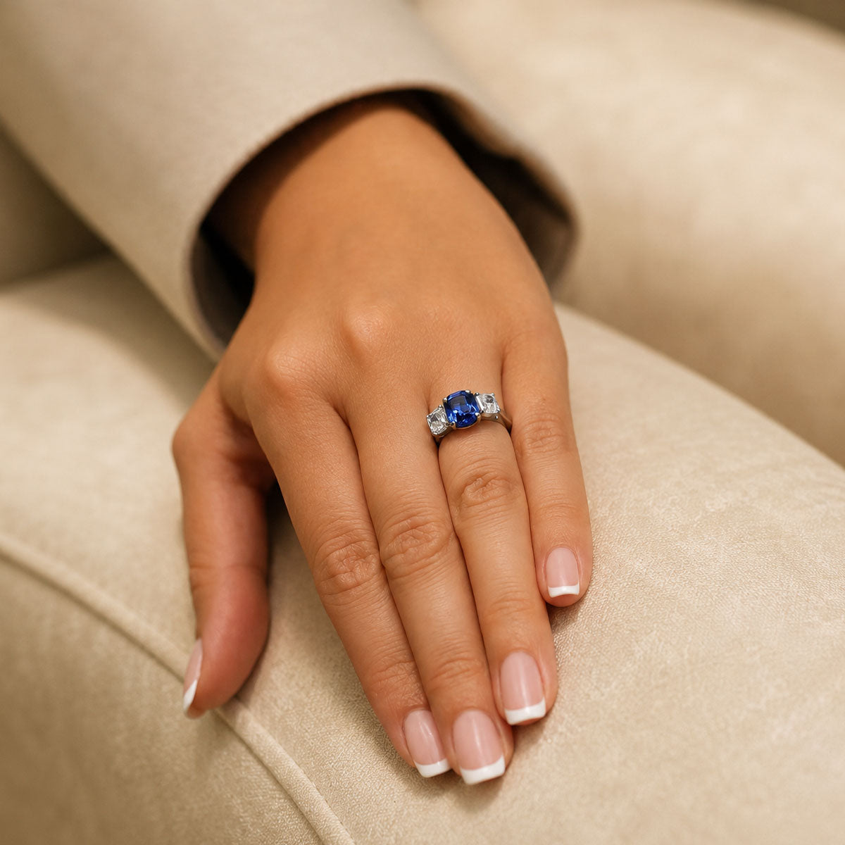 Platinum Step Cut Sapphire & Radiant Cut Diamond Three Stone Claw Set Ring