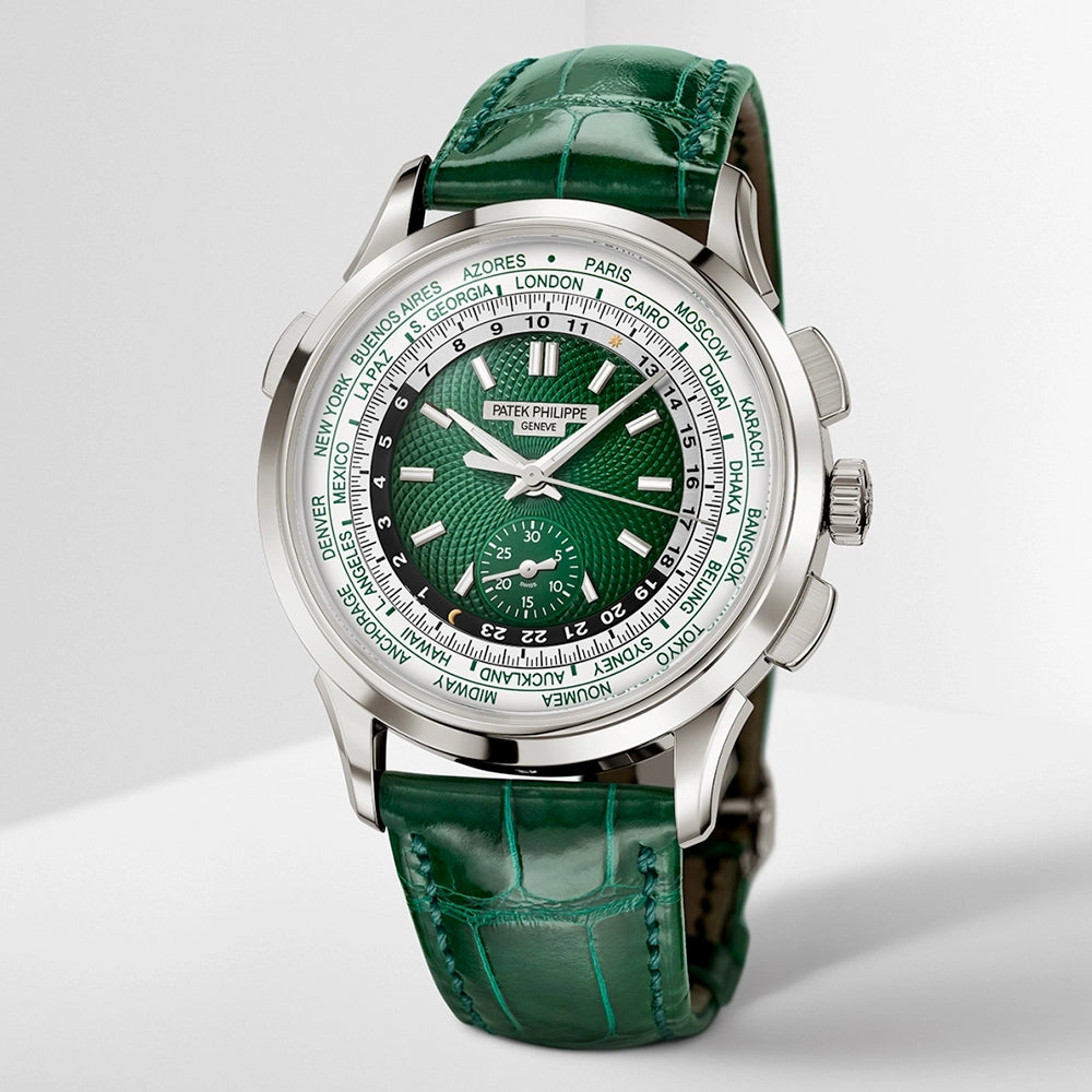 Patek Philippe Complications World Time Flyback Chronograph Platinum Green Dial Watch - Berry's Jewellers