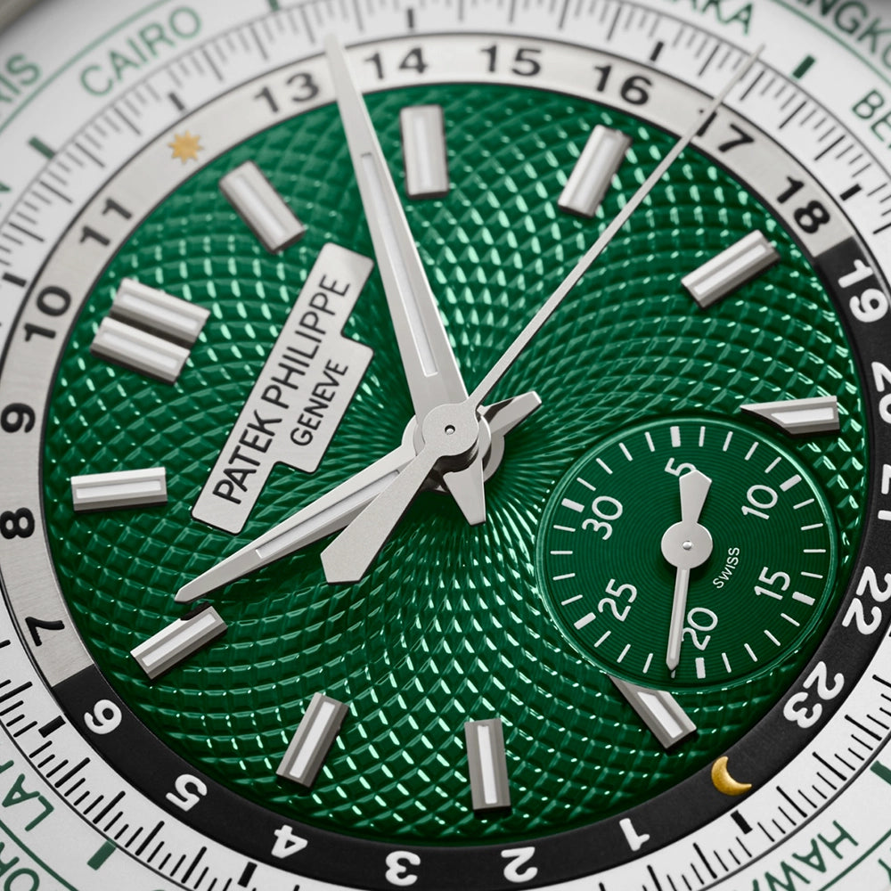Patek Philippe Complications World Time Flyback Chronograph Platinum Green Dial Watch - Berry's Jewellers