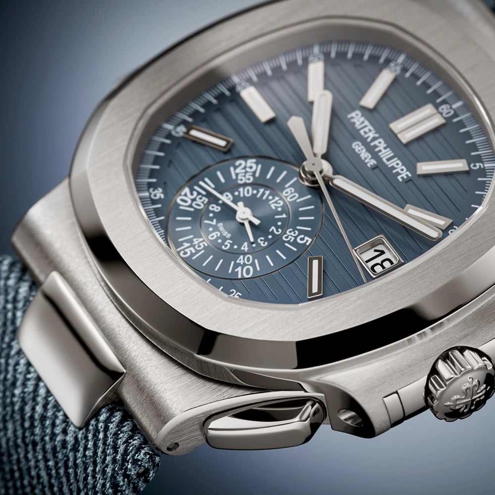 Patek Philippe Nautilus Flyback Chronograph 18ct White Gold Denim Strap Watch - Berry's Jewellers