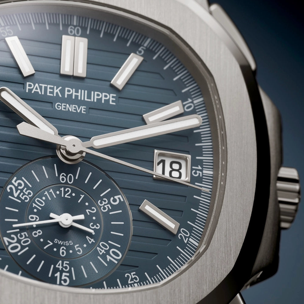 Patek Philippe Nautilus Flyback Chronograph 18ct White Gold Denim Strap Watch - Berry's Jewellers