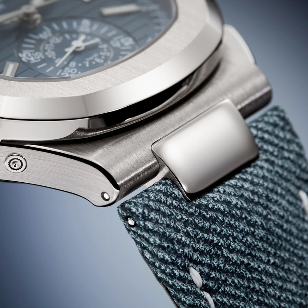Patek Philippe Nautilus Flyback Chronograph 18ct White Gold Denim Strap Watch - Berry's Jewellers