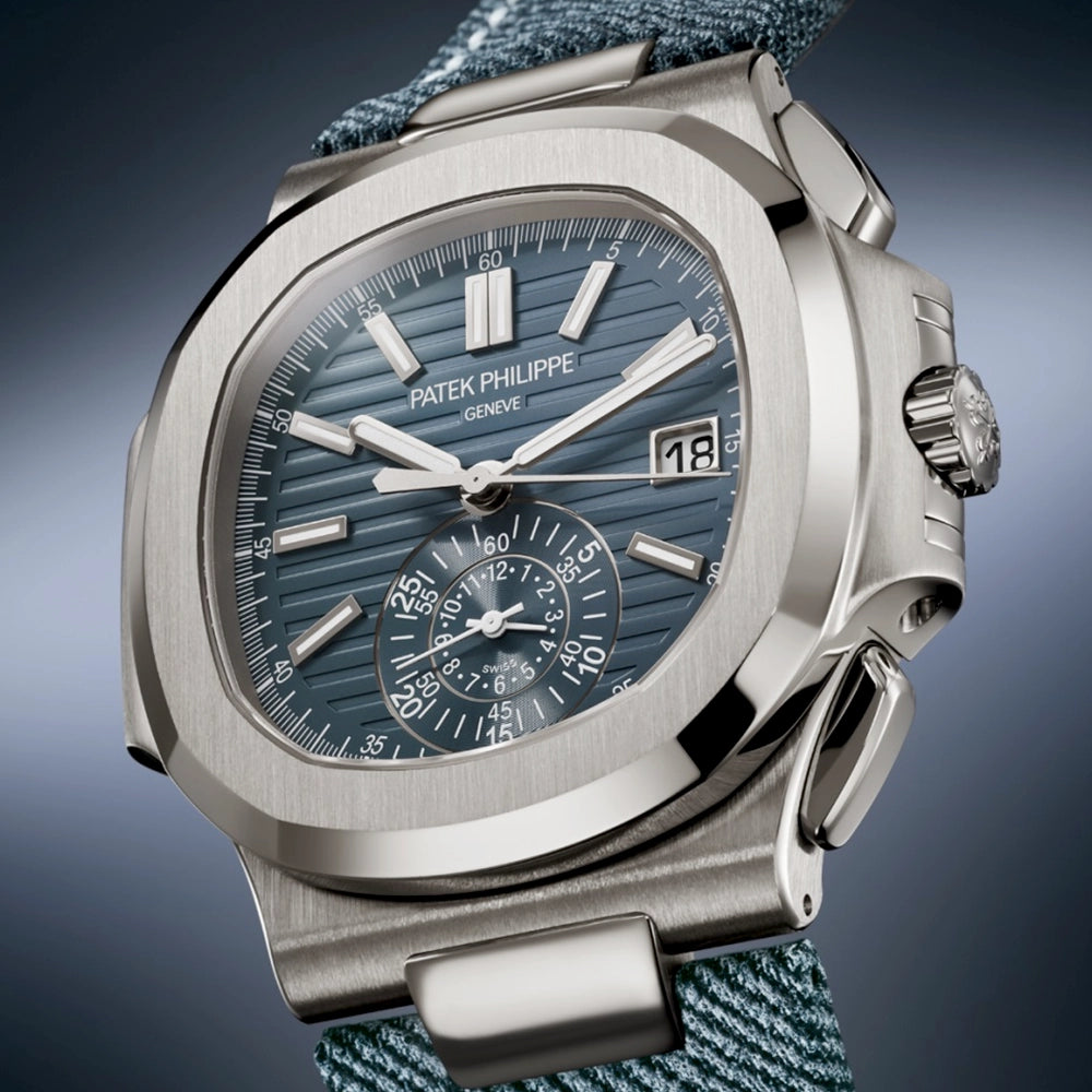 Patek Philippe Nautilus Flyback Chronograph 18ct White Gold Denim Strap Watch - Berry's Jewellers