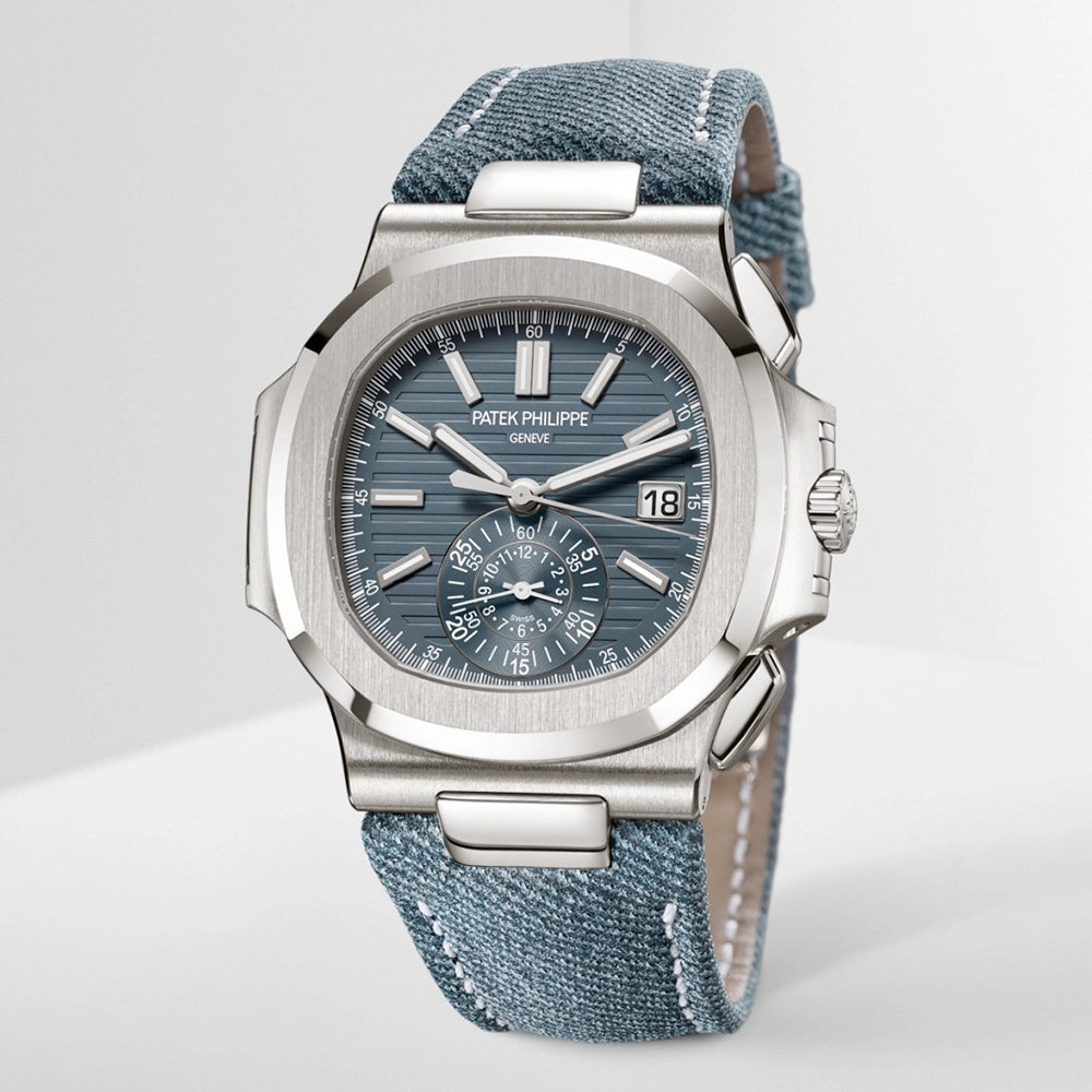 Patek Philippe Nautilus Flyback Chronograph 18ct White Gold Denim Strap Watch - Berry's Jewellers