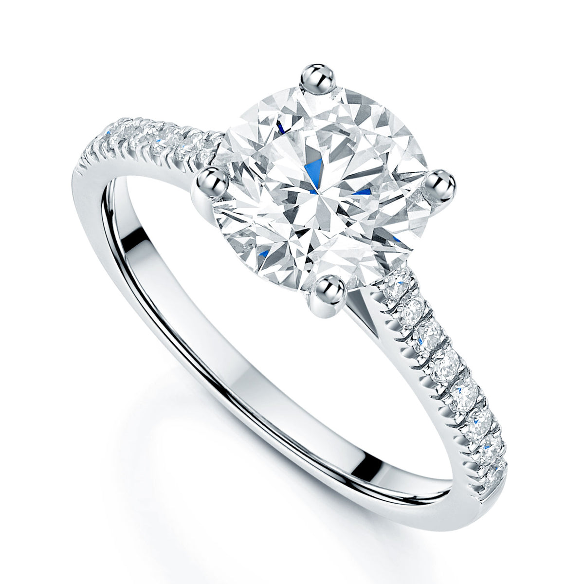 Platinum Round Brilliant Cut Diamond Solitaire Ring With Diamond Shoulders